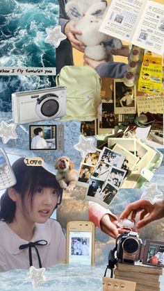 a collage of photos with people and animals on them, including a woman holding a camera