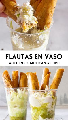 A collage of two photos of flautas in cups with text overlay. Flautas Ahogadas, Food In Mexico, Rolled Tacos, Mexican Party Food, Mexican Crema, Cuban Cuisine, Green Lettuce, Party Food Platters