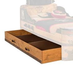 a bed with two drawers underneath it and an image of a cat on the bed