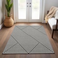 a black and white area rug in front of a door with a potted plant