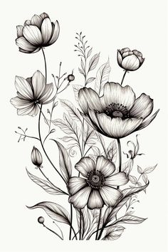 black and white drawing of flowers on a white background