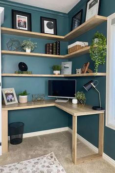 a home office with blue walls and shelves