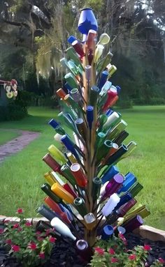 there is a tree made out of wine bottles