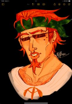 a drawing of a man with red hair and green leaves on his head