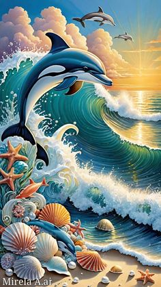 dolphins and seashells are depicted in this painting