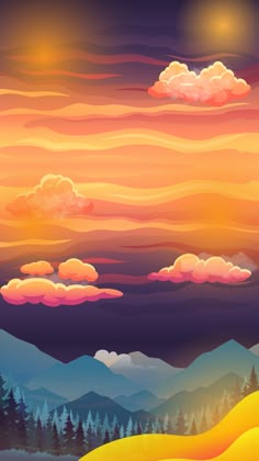 an image of a sunset with clouds and mountains