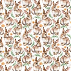 a watercolor pattern with rabbits and flowers