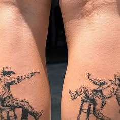 two men sitting on stools with tattoos on their legs