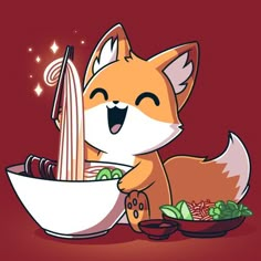 a cartoon fox eating food out of a bowl with chopsticks in it's mouth