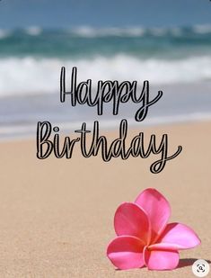 a pink flower sitting on top of a sandy beach next to the ocean with words happy birthday