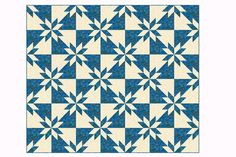 a blue and white quilt with an image of a star pattern on the bottom half