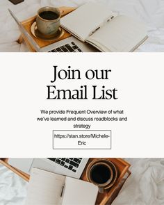 an email list with coffee, notebooks and other items on top of the table