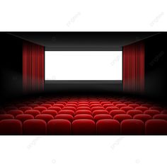 an empty theater with red seats and a white screen in the center is lit by spotlights