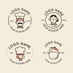 four logos for restaurant, cafe and bar with the image of a man in a chef's hat