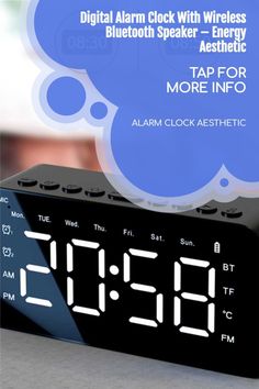 an alarm clock with the words tap for more info