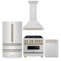 an oven, stove and refrigerator are shown in this image with gold trimmings