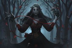 a woman in a dark forest holding two scissors