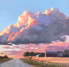 an oil painting of clouds over a rural road and farm buildings in the foreground