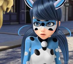 the animated character is dressed in blue and white polka dot clothing, with black spots on her face