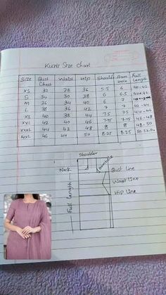 a piece of paper with an image of a woman's body and measurements on it