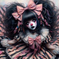 a painting of a girl with black hair and clown makeup, wearing a striped dress