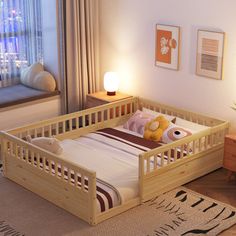 a bed room with a neatly made bed and a night stand next to a window