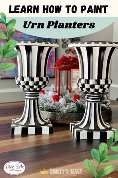 two black and white striped vases sitting on top of a wooden table with text overlay