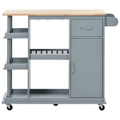 a gray kitchen cart with wooden top and drawers