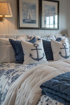 15 Aesthetic Coastal Bedroom Ideas For A Dreamy Retreat Beach Themed Master Suite, Nautical Bedroom Master Decorating Ideas Navy Blue, Nautical Master Bed, Nautical Bedroom Master, Seaside Bedroom Ideas, Nautical Bedroom Ideas, Nautical Bed, Blue And White Bedroom Ideas