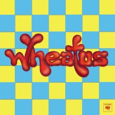 the word wheats on a blue and yellow checkerboard background with red letters