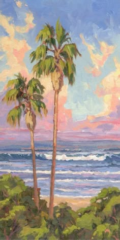 a painting of two palm trees on the beach