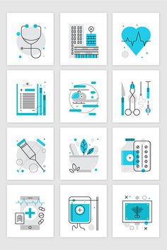 blue and white medical icons are arranged in squares