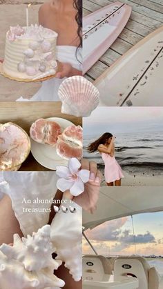 a collage of photos with pink and white flowers, shells, surfboards and cake