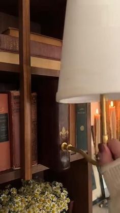 a lamp that is next to a book shelf with books on it and flowers in the foreground