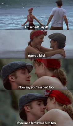 two people standing next to each other in front of the ocean with text that reads, i'm a bird say it you're a bird