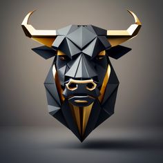 a bull's head made out of black and gold geometric polygonics on a gray background