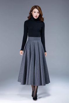 gray wool skirt, wool skirt, striped skirt, swing skirt, maxi skirt, f – XiaoLizi Winter Long Skirt Outfit, Slavic Style, Long Wool Skirt, Fitted Maxi Skirt, Womens Skirt Outfits, Fancy Skirts, Black Skirts, Skirt Wool, Long Skirt Fashion