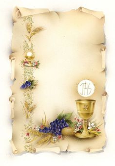 an old paper with a gold chalice and grapes