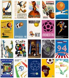 many different posters are shown together in this collage, including soccer and other sports related items