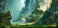 an image of a buddha statue in the middle of a forest with animals around it