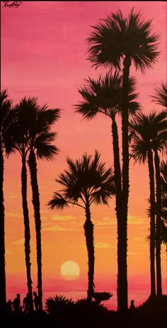 palm trees are silhouetted against a colorful sunset