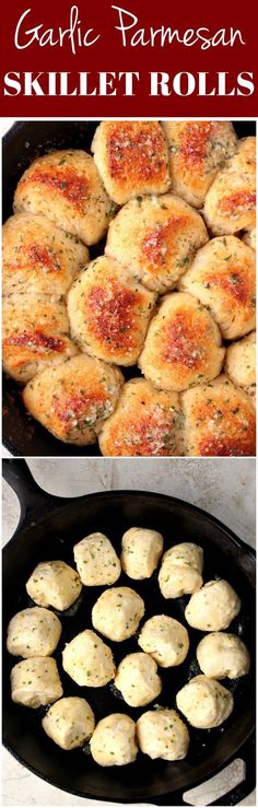 garlic parmesan skillet rolls in a cast iron skillet with text overlay