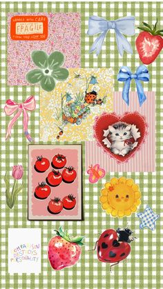 a card with pictures of cats, flowers and hearts on the front cover is in green gingham