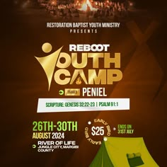 a poster for a youth camp with the words youth camp on it and an image of a tent