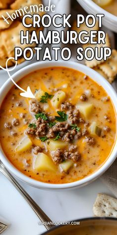 Searching for a comforting soup that everyone will love? This Creamy Hamburger Potato Soup Crockpot is hearty, cheesy, and perfect for chilly nights or busy weekdays. Pin this recipe for a stress-free dinner! #CreamyHamburgerPotatoSoup #CrockPotSoups #FamilyDinnerRecipes Easy Hearty Crockpot Soup, Cheesy Hamburger Soup Crockpot, Creamy Hamburger Soup Crockpot, Potato Soup Hamburger, Crockpot Soup With Hamburger Meat, Crock Pot Hamburger Meals, Crockpot Potato Hamburger Soup, Crockpot Soups With Hamburger, Crock Pot Hearty Soups