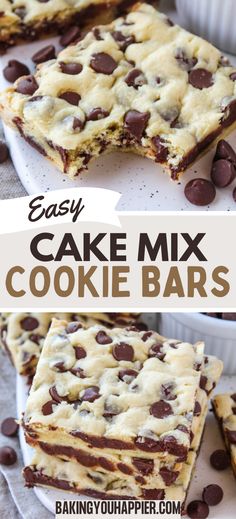 easy cake mix cookie bars on a white plate with chocolate chips in the middle and bottom