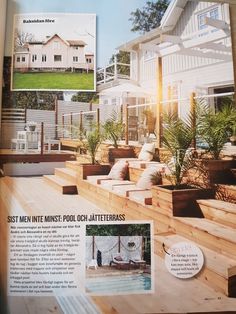 an article in the magazine about pool maintenance and landscaping, with pictures of houses behind it