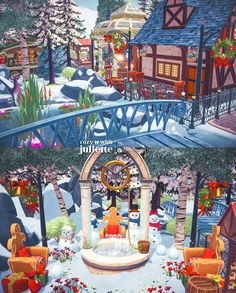 two pictures of a christmas scene with snowman and santa clause in the background, one is