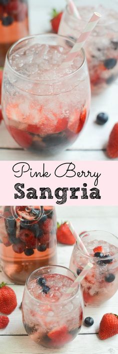 pink berry sangria in glasses with strawberries and blueberries