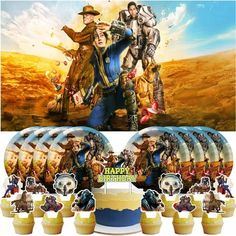 an image of a birthday party set with cake and cupcakes for the movie cowboys